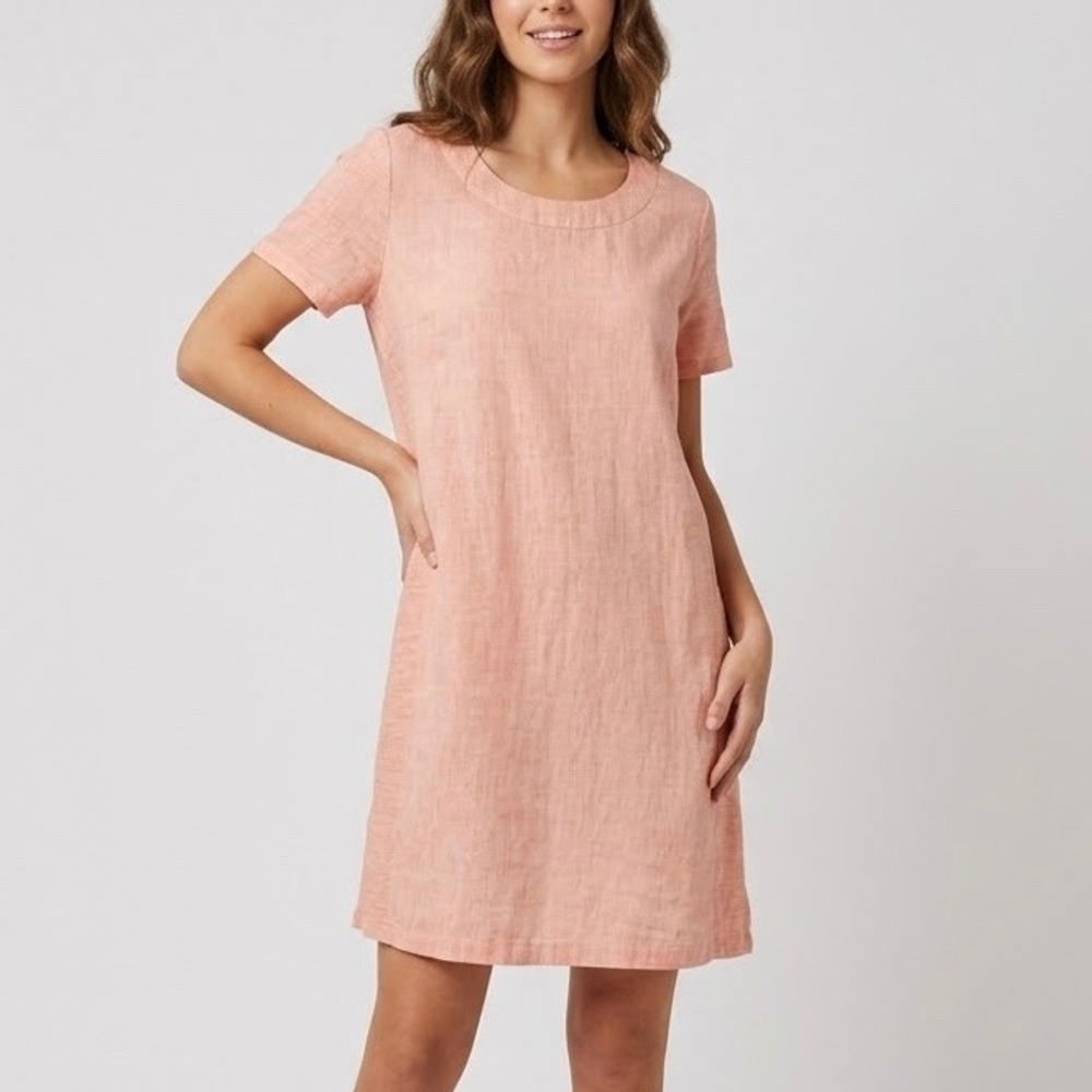 120% Lino Salmon Pink Italian Linen Short Sleeve Shift Dress Size 46 IT US L